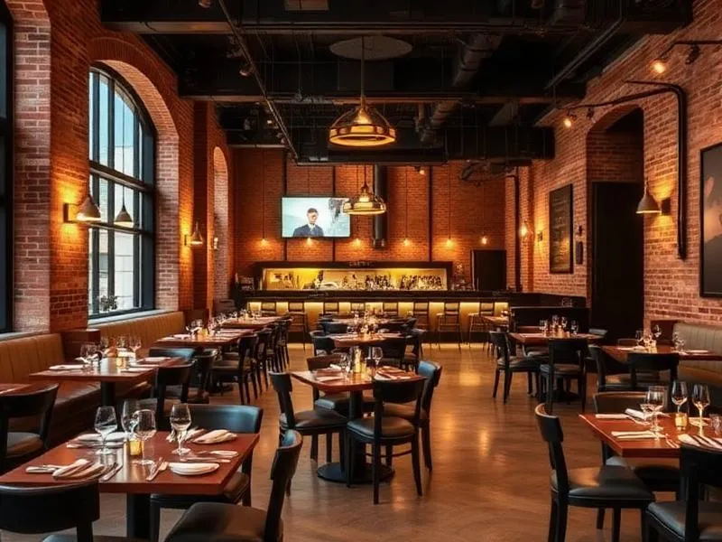 Salão de restaurante com paredes de tijolo aparente, mesas postas e balcão de bar ao fundo